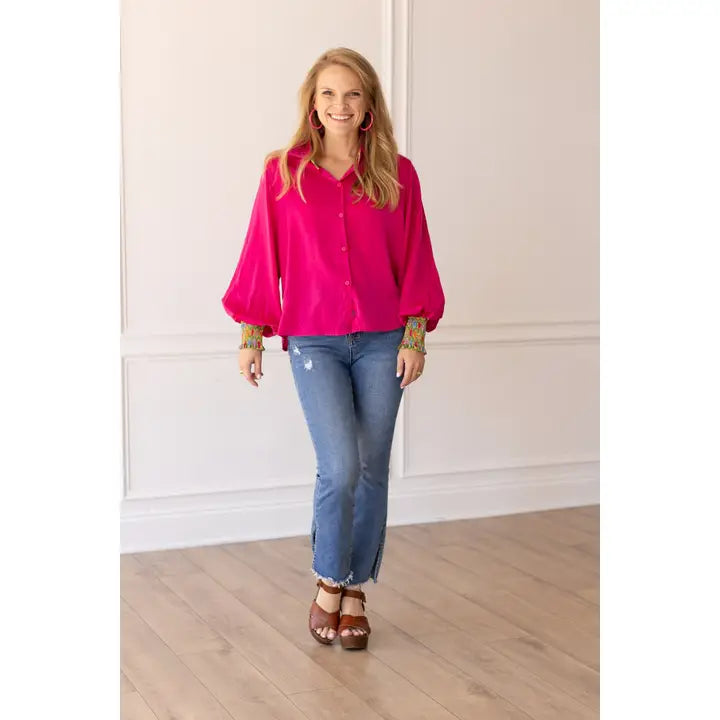 Retro Reverie Balloon-Sleeve Blouse in Fuchsia