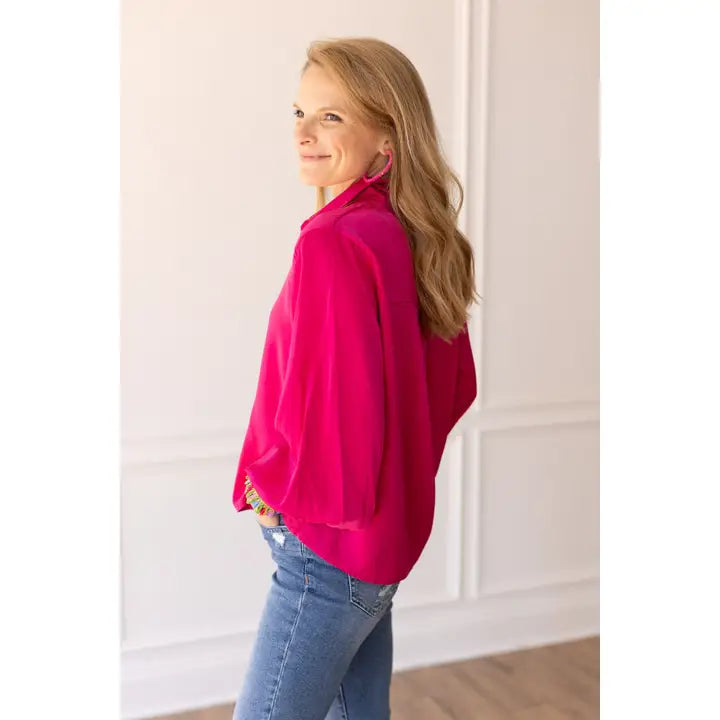 Retro Reverie Balloon-Sleeve Blouse in Fuchsia