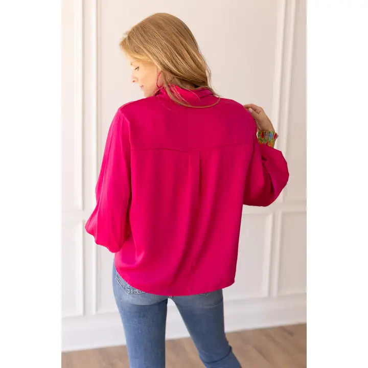 Retro Reverie Balloon-Sleeve Blouse in Fuchsia